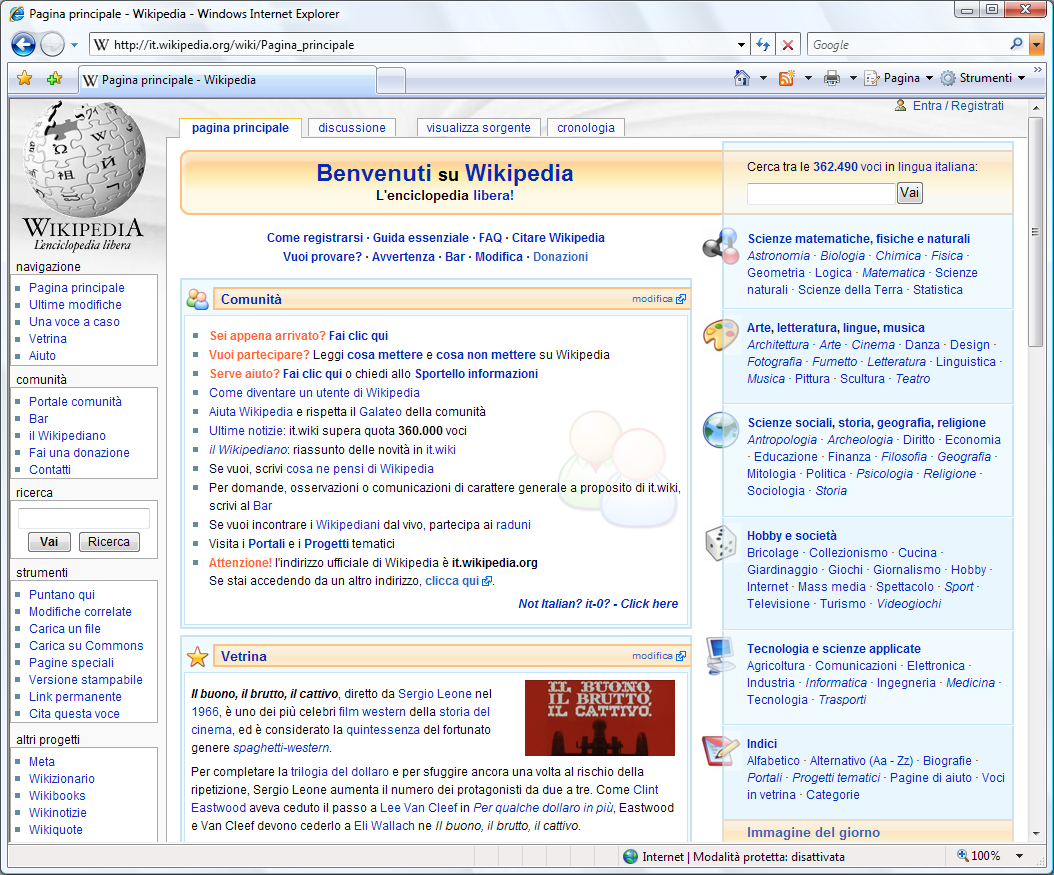 Internet Explorer 7 Showing Wikipedia (Italian) (2006)